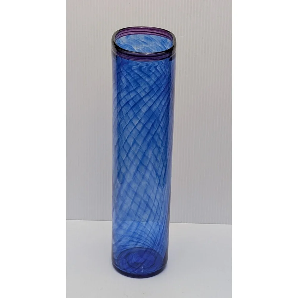 Curtiss Brock Studio CB Glass Blue Purple Spiral Swirl Optic Vase 14.25